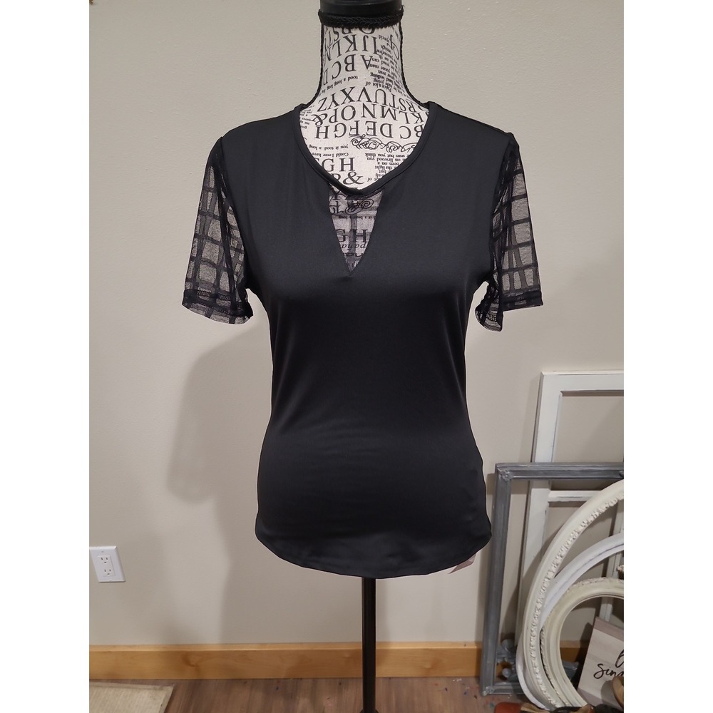 NWT Emory Rose Women SZ M Black Short Sheer Sleeve V-Neck detail top goth witchy